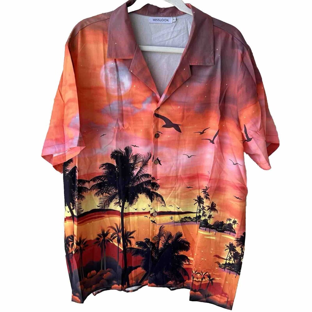 Men's Tropical Beach Print Button Down Shirt XL